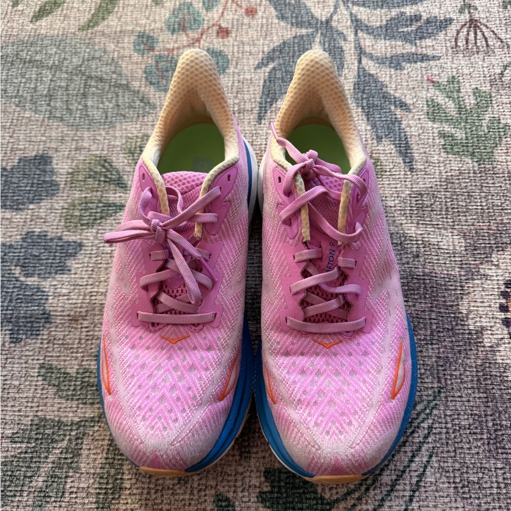 Hoka Clifton 9 Pink and Blue Athletic Shoes
